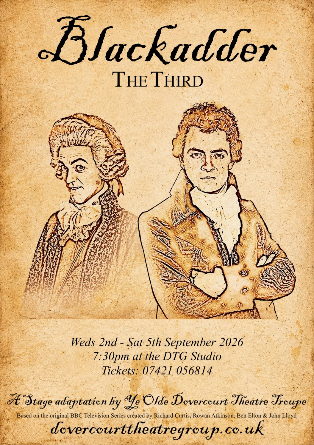 Poster image for 'Blackadder the Third'.  Poster is in various shades of brown, like an aged document.  Images of Prince George and Blackadder like line drawings.  Title above, details of production below.